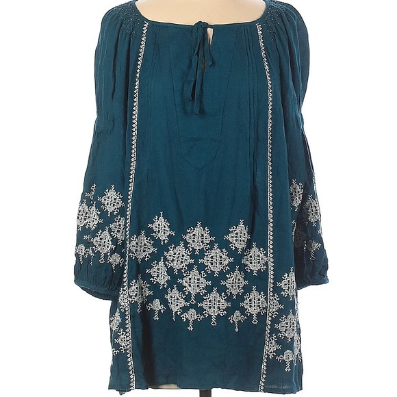 Anthropologie Floreat Teal Blue Bohemian Folklore Embroidered Blouse XS S NWOT - Picture 1 of 3